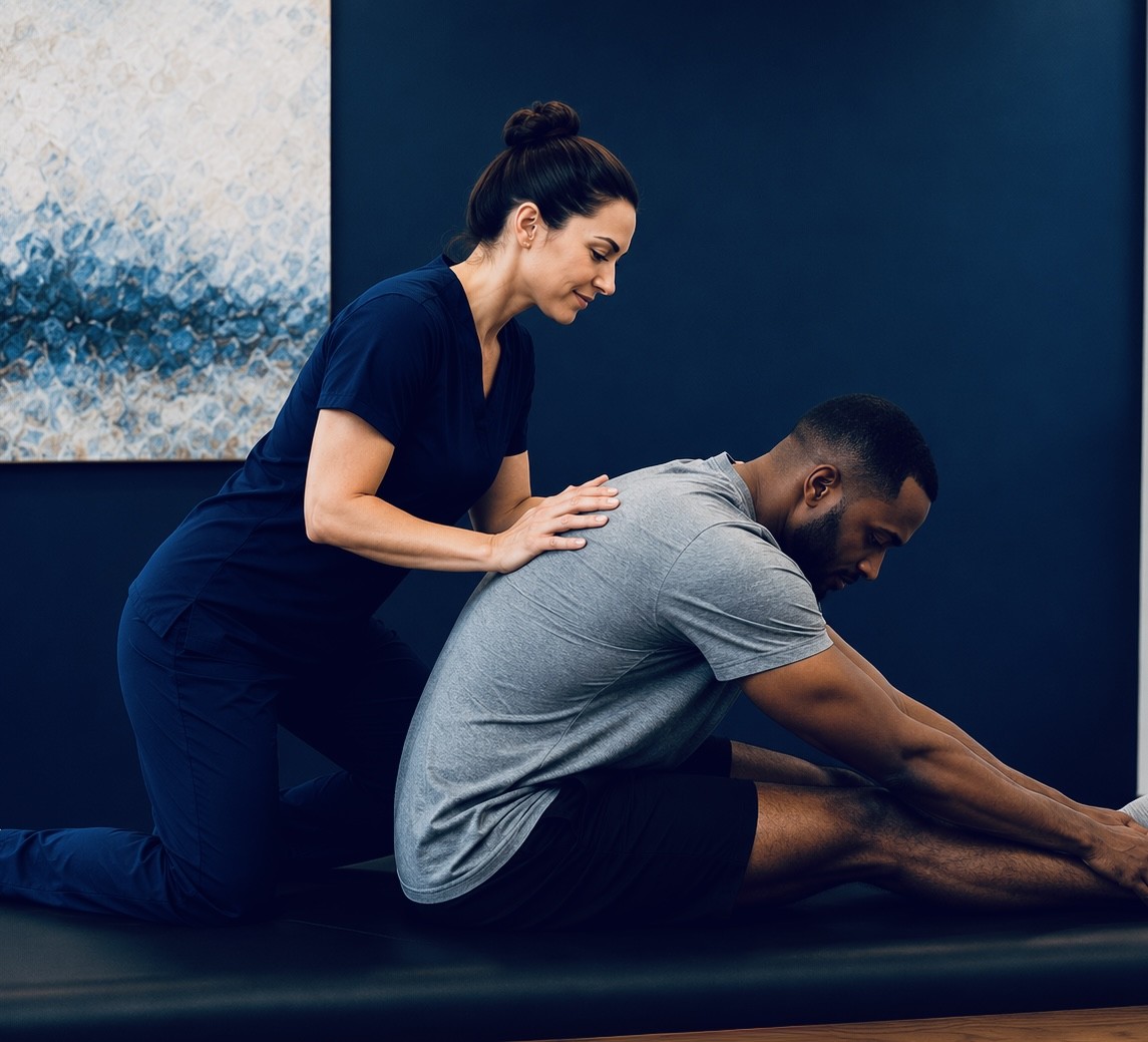 A TRUForm provider guiding a patient through a spinal mobility exercise at Texas Functional Health Centers in Dallas, TX